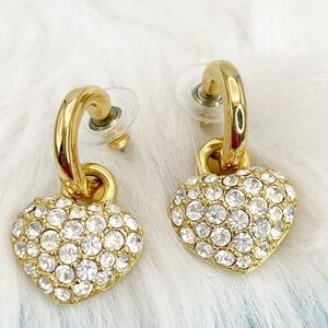 Swarovski Swan Signed Crystal Heart Dangle Yellow Gold Plate Pierced Earrings